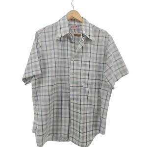 Permanent Press Button Down Shirt Men L White Navy Plaid Vintage 70s ShortSleeve
